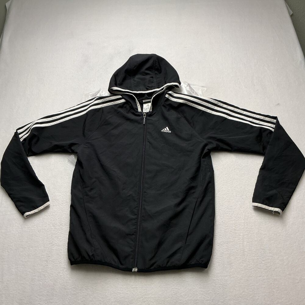 Adidas mens Black White 3-Stripe Hooded Full Zip Windbreaker Jacket Sz S, 4238